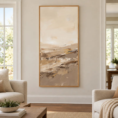 Bright Vista earth tone landscape wall art with a wood frame in a villa living space