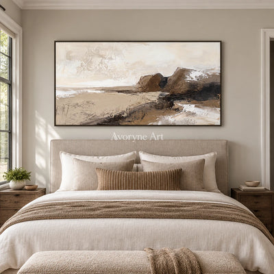Bright Solace earth tone landscape wall art with a black frame above a bed in a bedroom