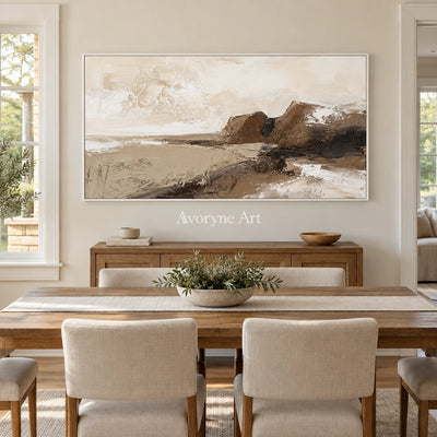 Bright Solace earth tone landscape wall art with a white frame in a dining room