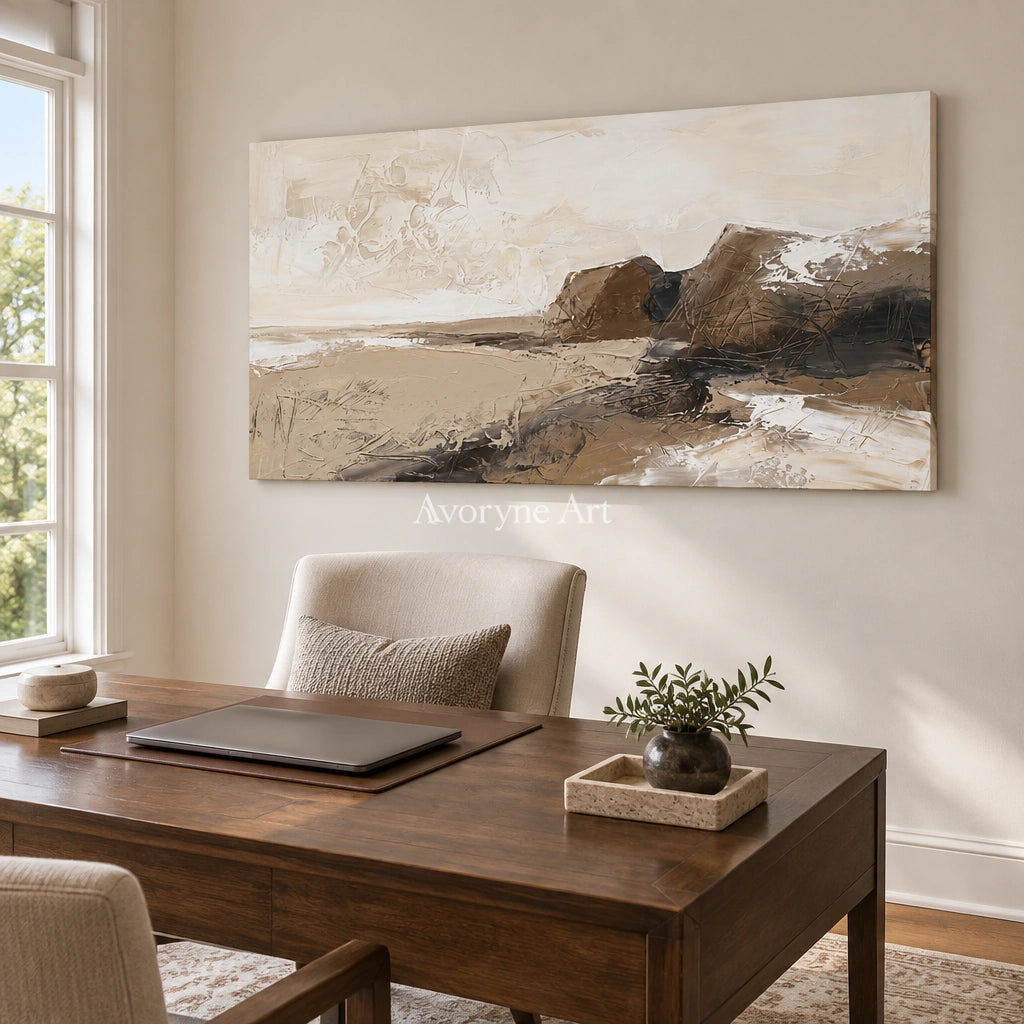 Bright Solace earth tone landscape wall art as a frameless stretched canvas in a home office