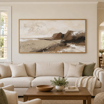 Bright Solace earth tone landscape wall art with a wood frame in a villa living space