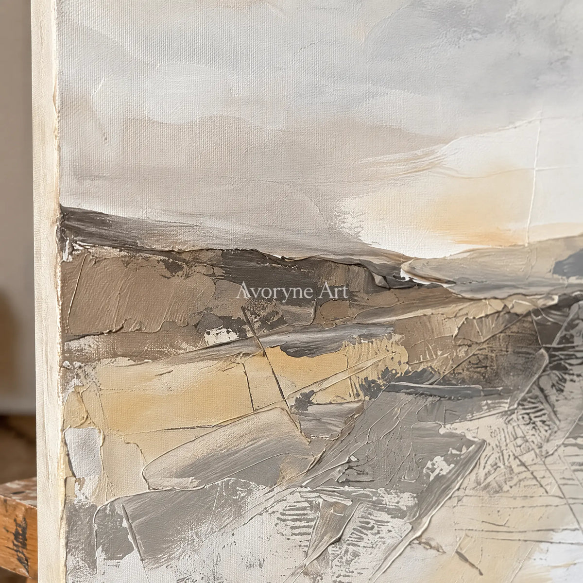 Close-up of the hand-painted texture of Bright Reverberation earth tone landscape wall art on an easel