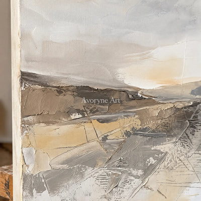 Close-up of the hand-painted texture of Bright Reverberation earth tone landscape wall art on an easel