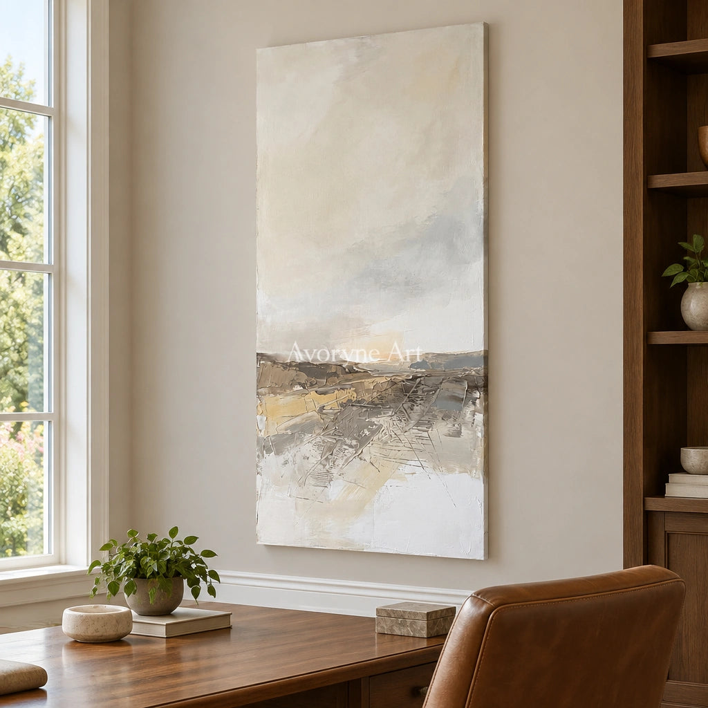 Bright Reverberation earth tone landscape wall art as a frameless stretched canvas in a home office