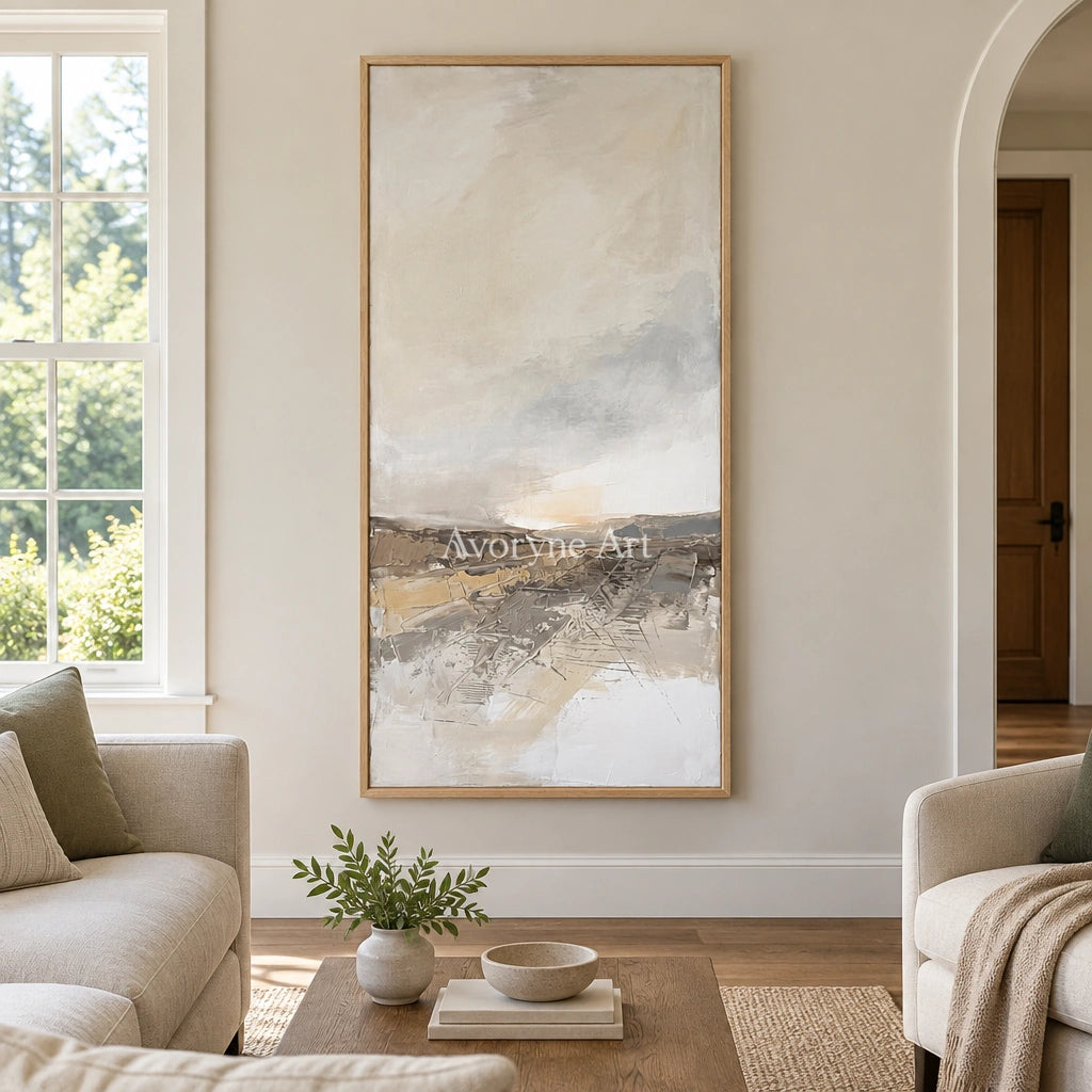 Bright Reverberation earth tone landscape wall art with a wood frame in a villa living space