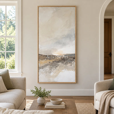 Bright Reverberation earth tone landscape wall art with a wood frame in a villa living space