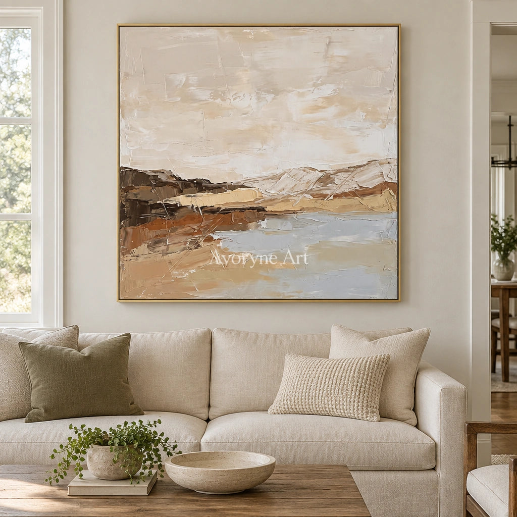 Bright Dialogue earth tone landscape wall art with a gold frame hanging in a living room