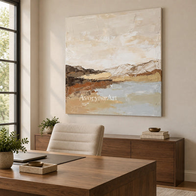 Bright Dialogue earth tone landscape wall art as a frameless stretched canvas in a home office