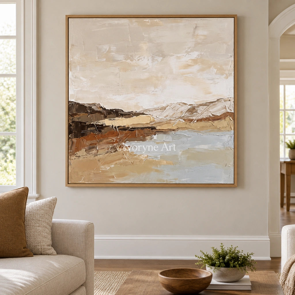 Bright Dialogue earth tone landscape wall art with a wood frame in a villa living space