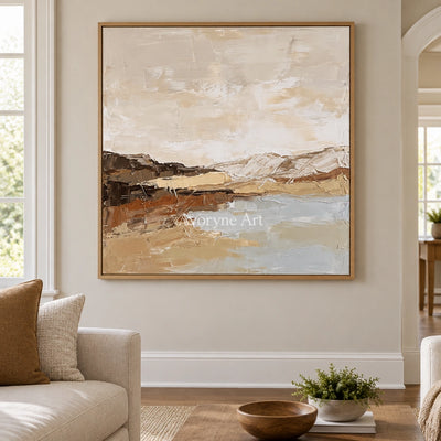 Bright Dialogue earth tone landscape wall art with a wood frame in a villa living space