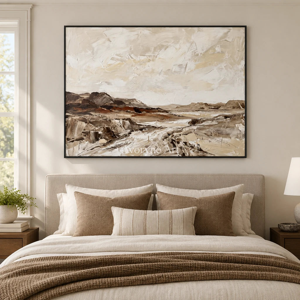 Winding Cadence earth tone landscape wall art with a black frame above a bed in a bedroom