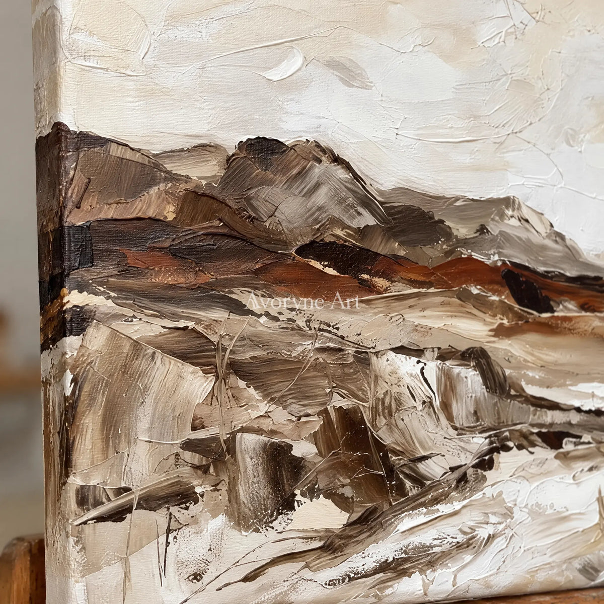 Close-up of the hand-painted texture of Winding Cadence earth tone landscape wall art on an easel