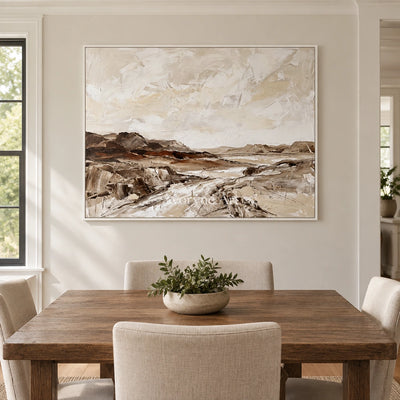 Winding Cadence earth tone landscape wall art with a white frame in a dining room