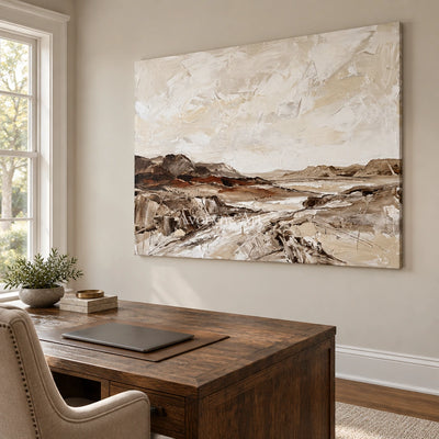 Winding Cadence earth tone landscape wall art as a frameless stretched canvas in a home office