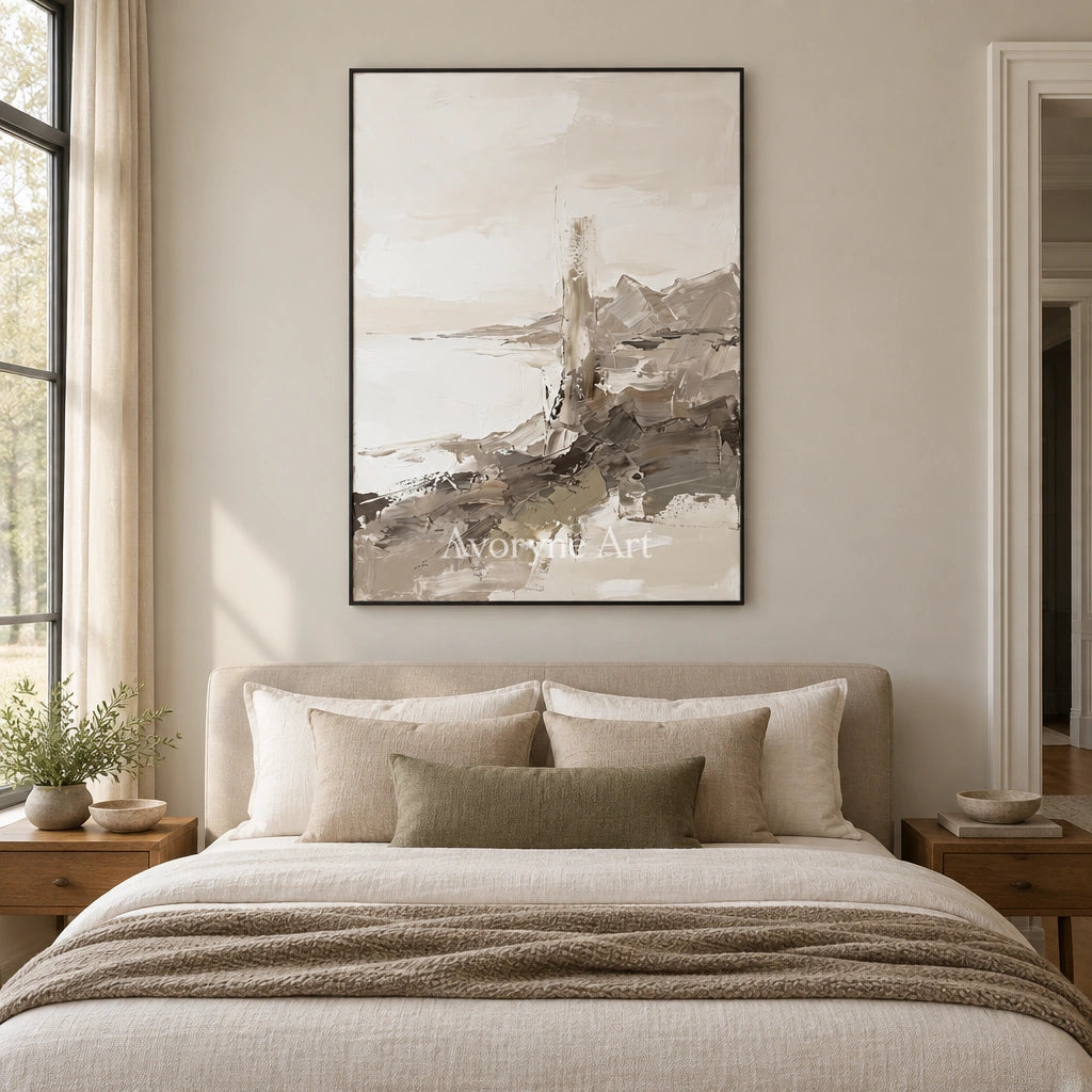 Winding Passage earth tone landscape wall art with a black frame above a bed in a bedroom