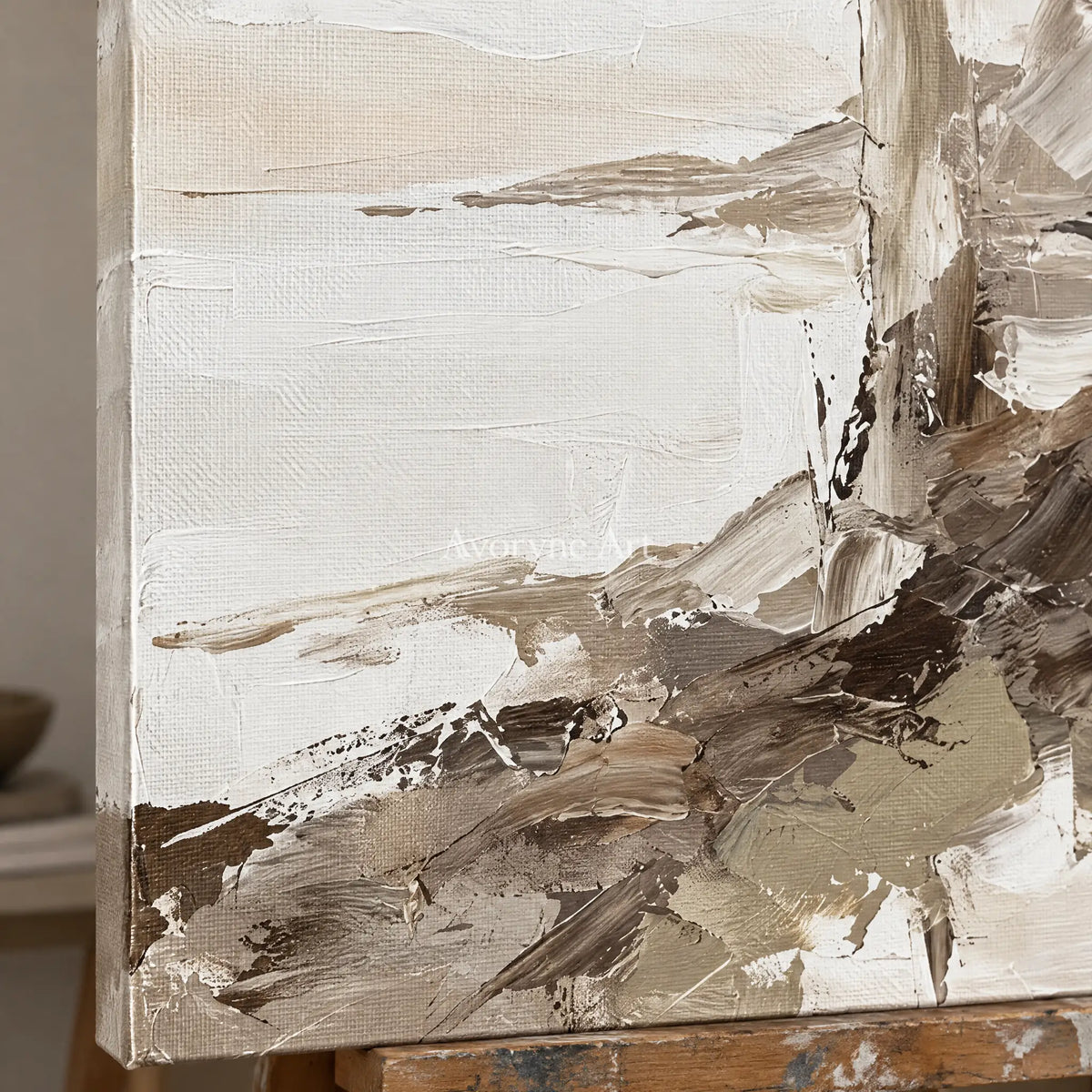 Close-up of the hand-painted texture of Winding Passage earth tone landscape wall art on an easel