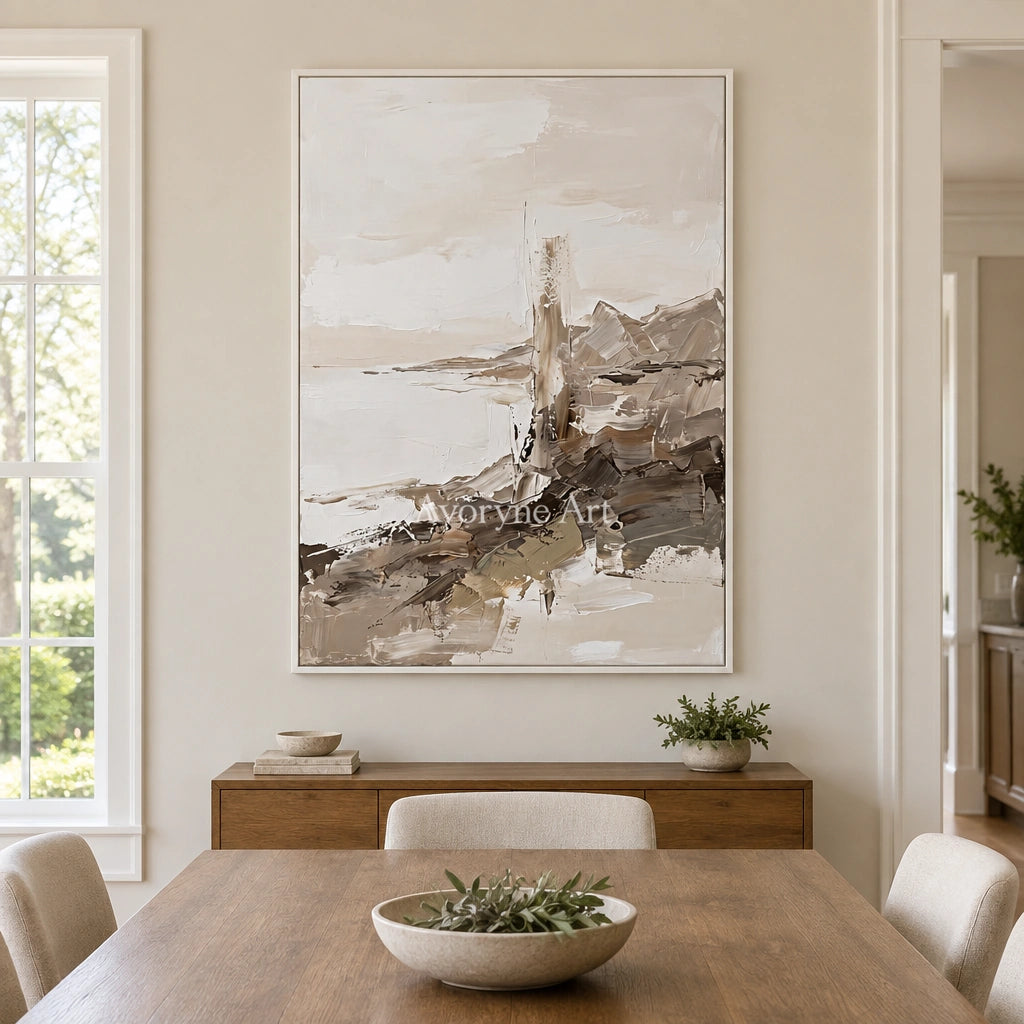 Winding Passage earth tone landscape wall art with a white frame in a dining room