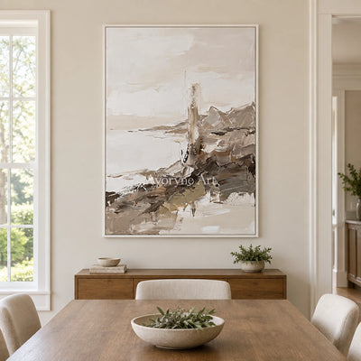 Winding Passage earth tone landscape wall art with a white frame in a dining room
