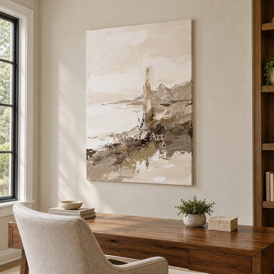 Winding Passage earth tone landscape wall art as a frameless stretched canvas in a home office