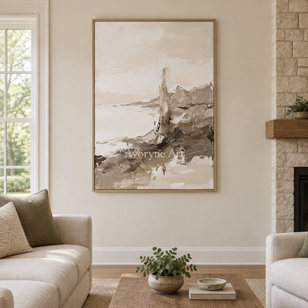 Winding Passage earth tone landscape wall art with a wood frame in a villa living space