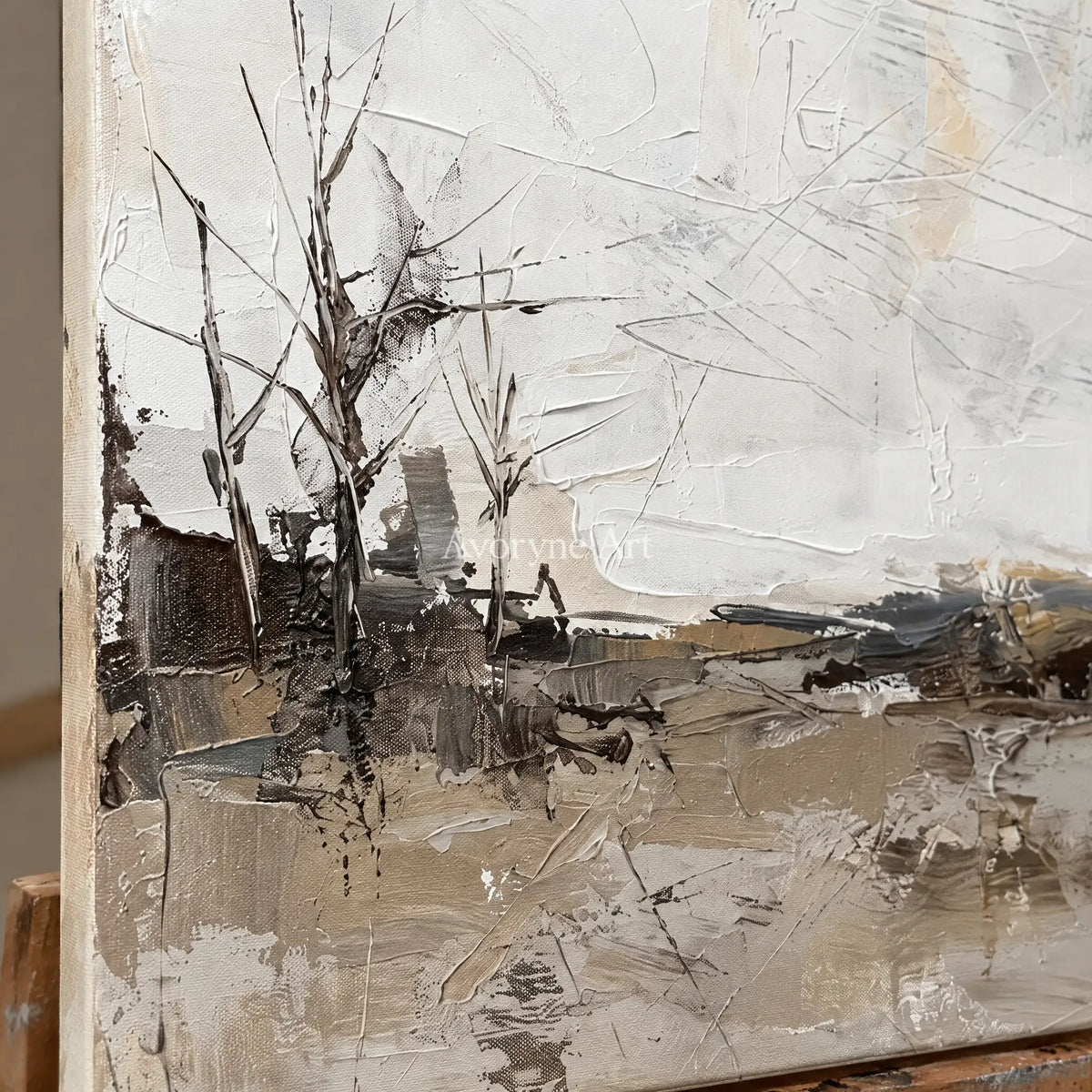Close-up of the hand-painted texture of Winding Reverie earth tone landscape wall art on an easel
