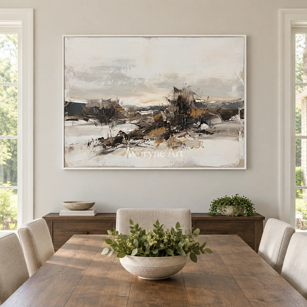 Winding Interval earth tone landscape wall art with a white frame in a dining room