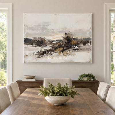 Winding Interval earth tone landscape wall art with a white frame in a dining room