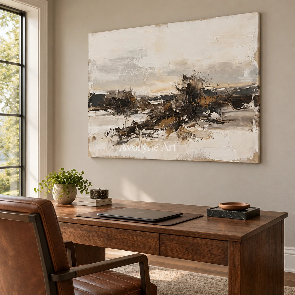 Winding Interval earth tone landscape wall art as a frameless stretched canvas in a home office