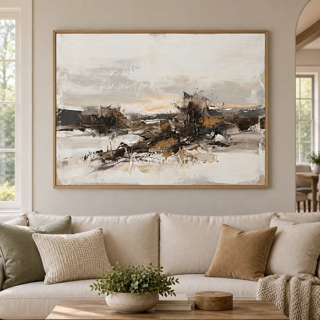 Winding Interval earth tone landscape wall art with a wood frame in a villa living space