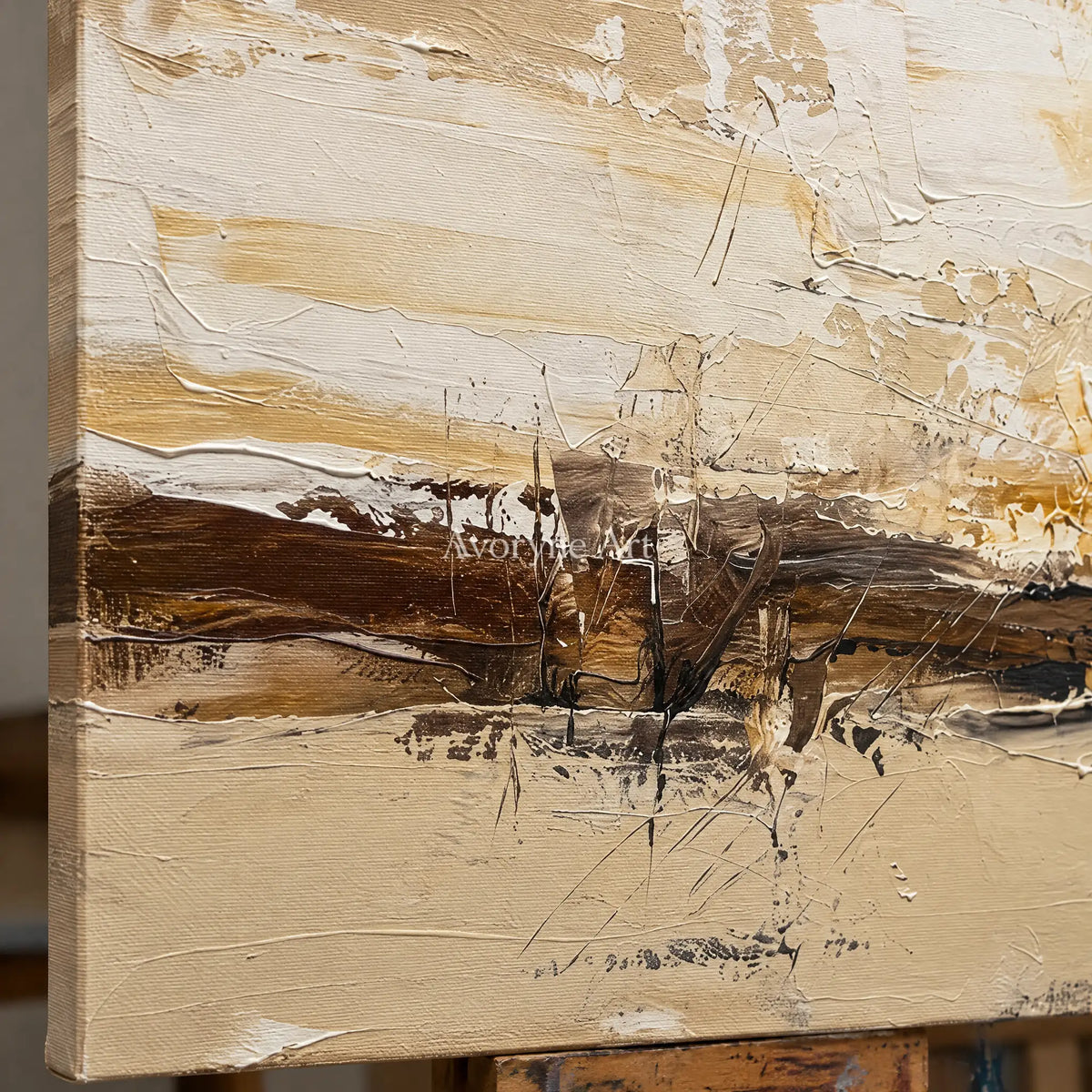 Close-up of the hand-painted texture of Winding Echo earth tone landscape wall art on an easel