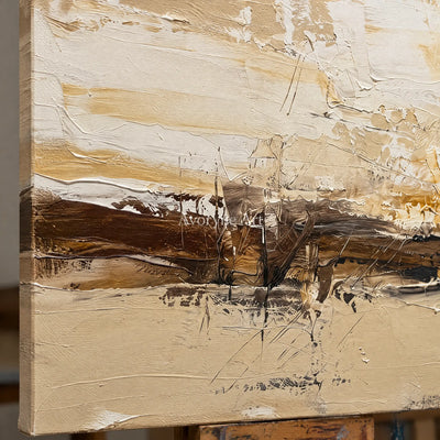 Close-up of the hand-painted texture of Winding Echo earth tone landscape wall art on an easel