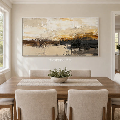 Winding Echo earth tone landscape wall art with a white frame in a dining room