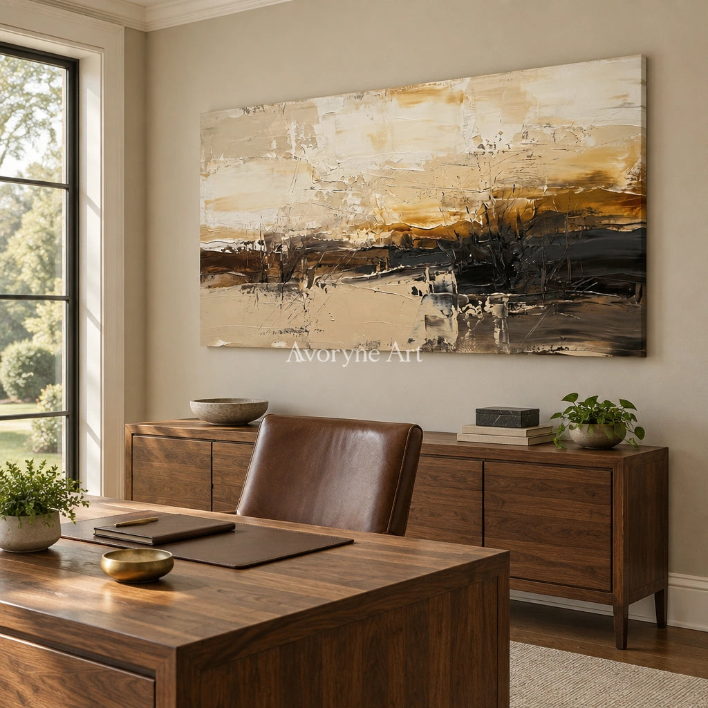 Winding Echo earth tone landscape wall art as a frameless stretched canvas in a home office