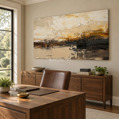 Winding Echo earth tone landscape wall art as a frameless stretched canvas in a home office