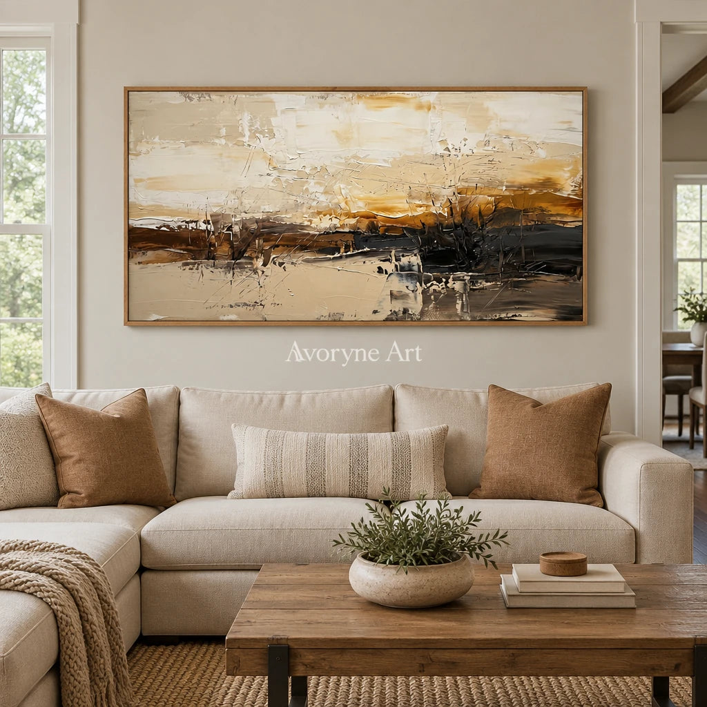 Winding Echo earth tone landscape wall art with a wood frame in a villa living space