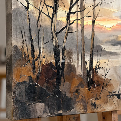 Close-up of the hand-painted texture of Bright Gesture earth tone landscape diptych on an easel