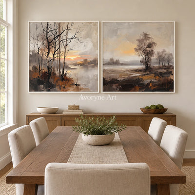 Bright Gesture earth tone landscape diptych with a white frame in a dining room