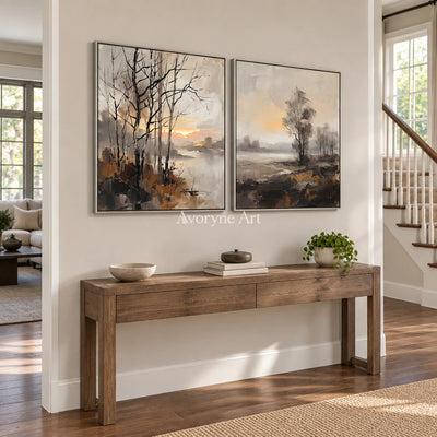 Bright Gesture earth tone landscape diptych with a silver frame in an entryway