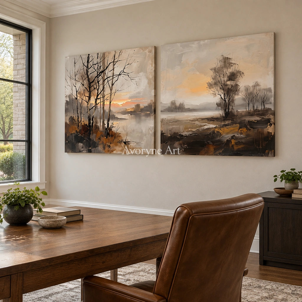 Bright Gesture earth tone landscape diptych as a frameless stretched canvas in a home office