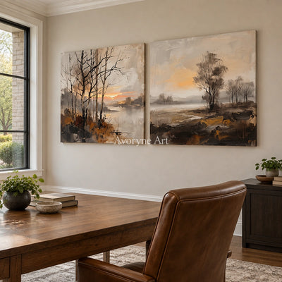 Bright Gesture earth tone landscape diptych as a frameless stretched canvas in a home office