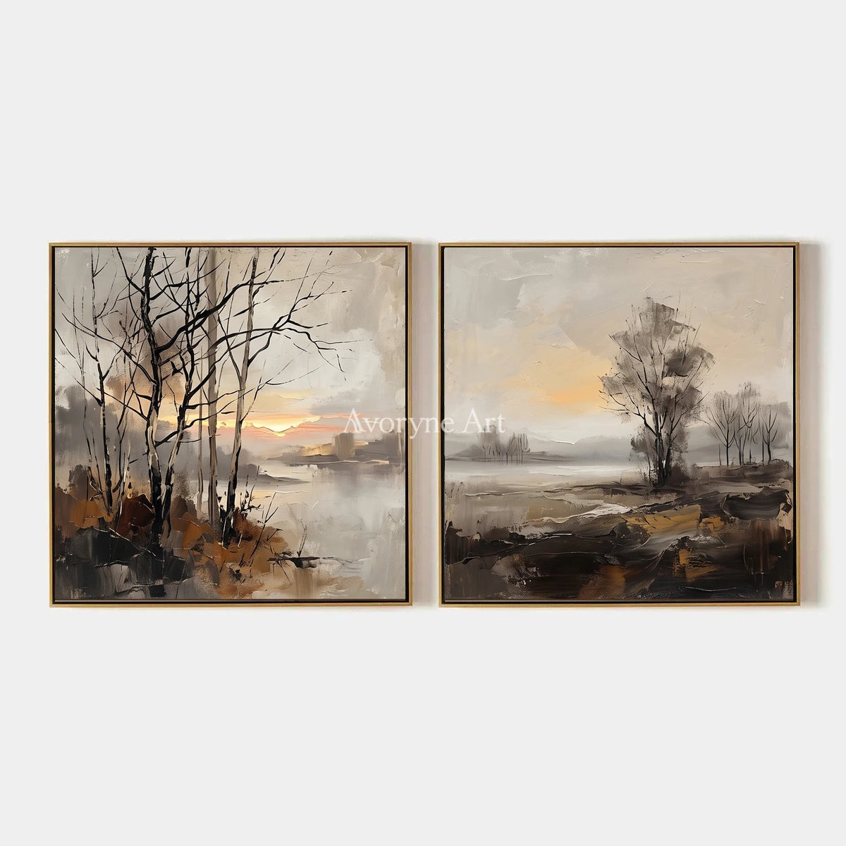 Bright Gesture, hand-painted earth tone landscape diptych by Camille Fournier