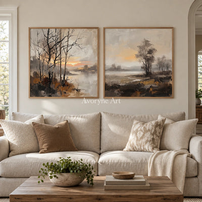 Bright Gesture earth tone landscape diptych with a wood frame in a villa living space