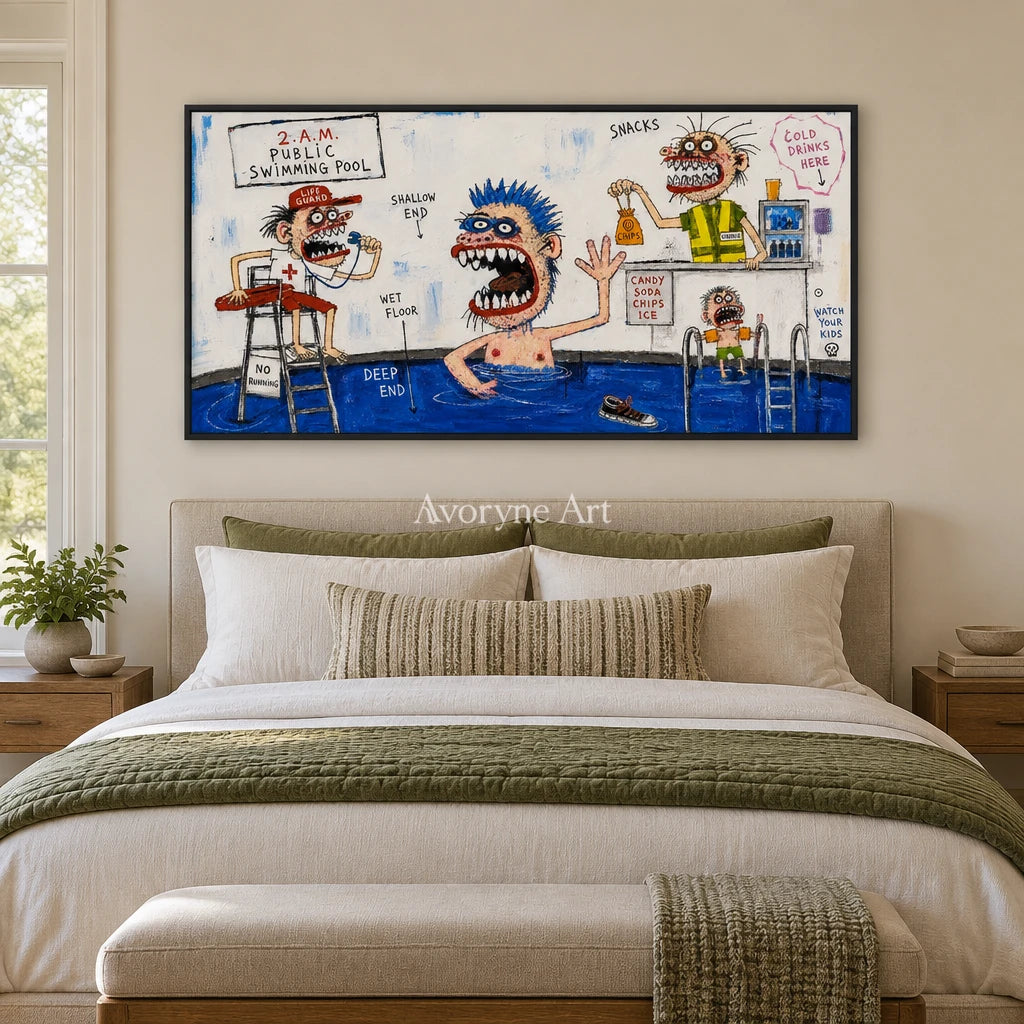 Warm Horizon everyday character wall art with a black frame above a bed in a bedroom