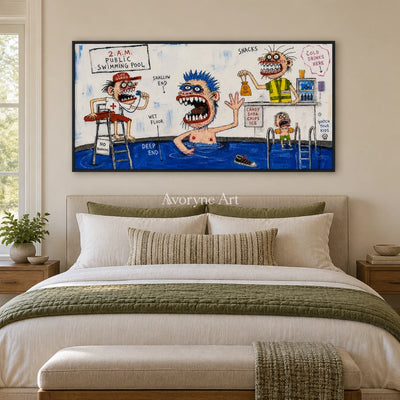 Warm Horizon everyday character wall art with a black frame above a bed in a bedroom