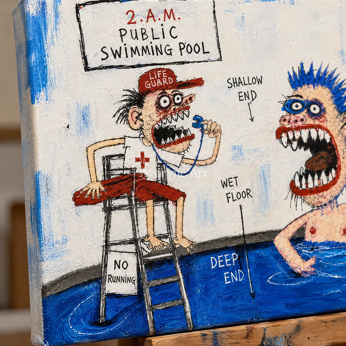 Close-up of the hand-painted texture of Warm Horizon everyday character wall art on an easel