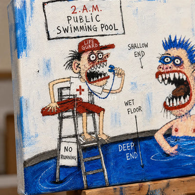 Close-up of the hand-painted texture of Warm Horizon everyday character wall art on an easel