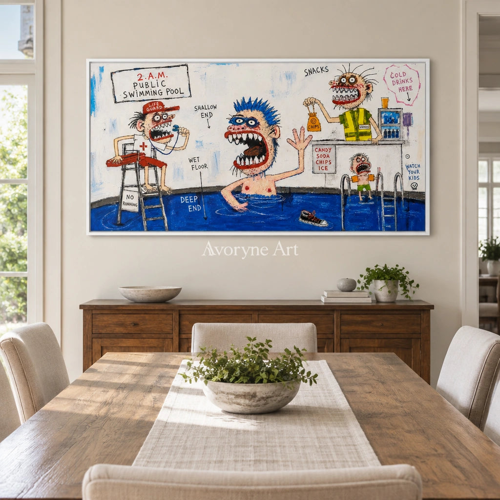 Warm Horizon everyday character wall art with a white frame in a dining room