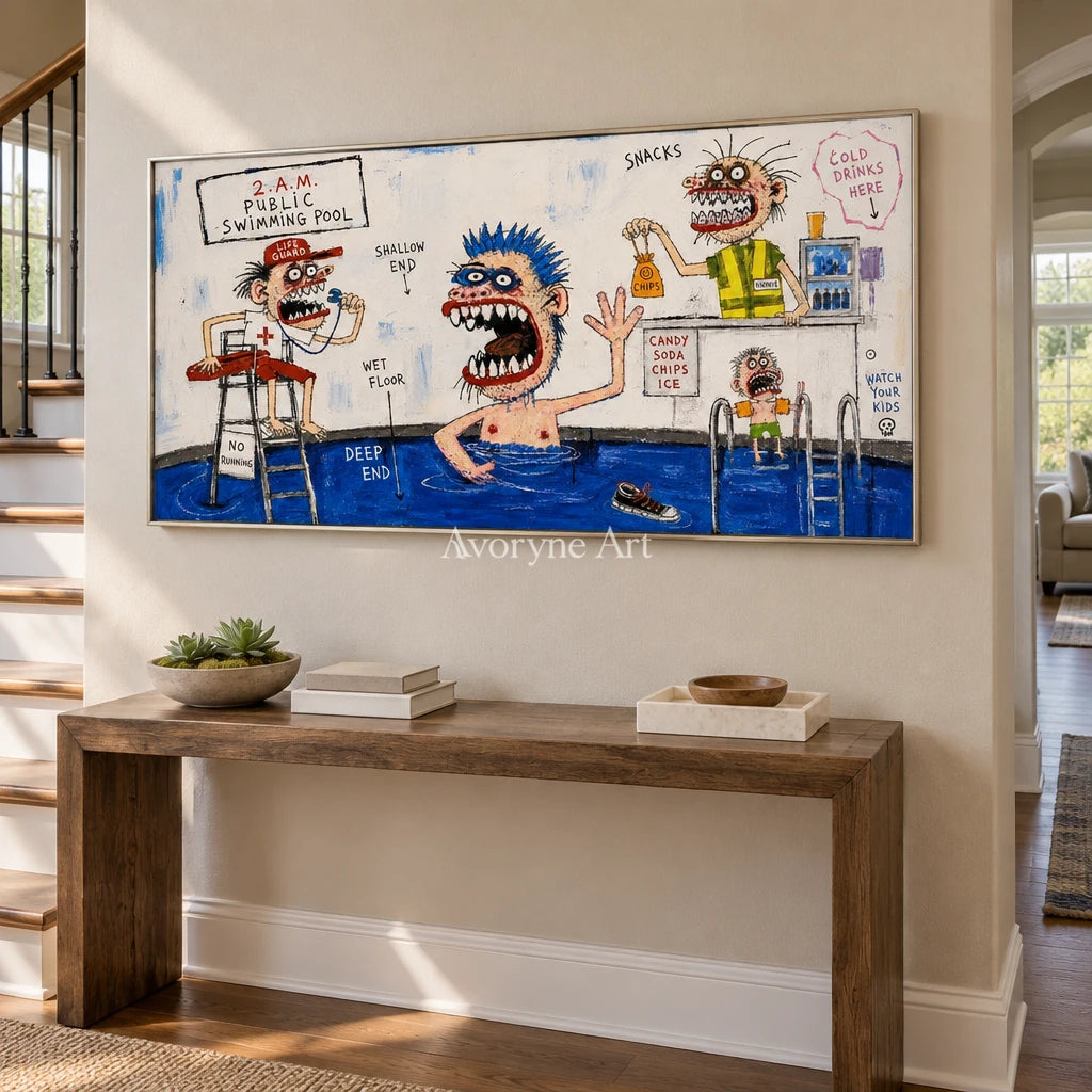 Warm Horizon everyday character wall art with a silver frame in an entryway