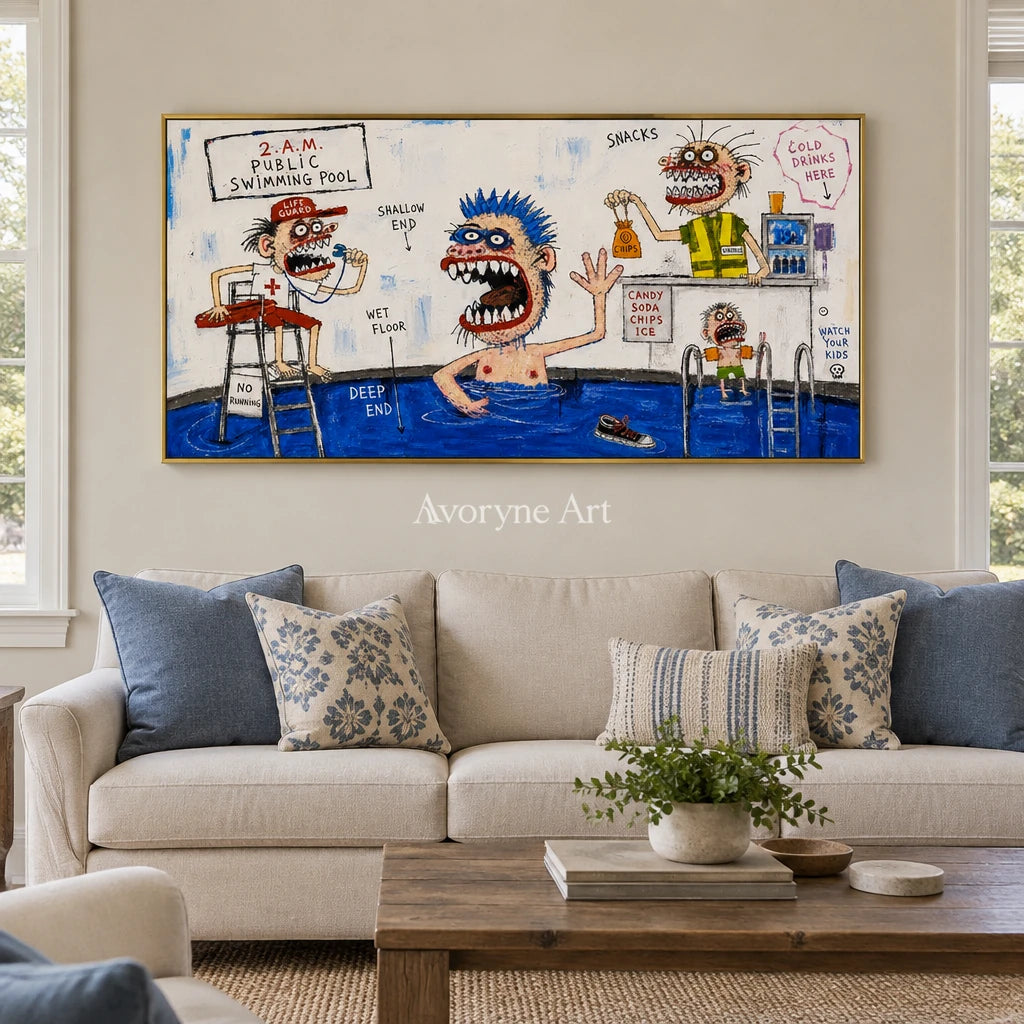Warm Horizon everyday character wall art with a gold frame hanging in a living room
