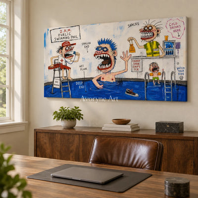 Warm Horizon everyday character wall art as a frameless stretched canvas in a home office